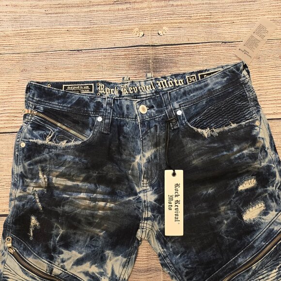 Rock Revival Moto Daviday Jeans Men's Destruction Blue Tie Dye Zippers Stretch - Picture 3 of 16